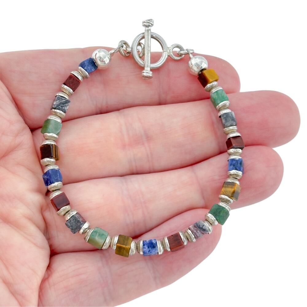 Vintage Sterling Silver Mixed Natural Gemstone Cube Bead Toggle Bracelet 7 Inch